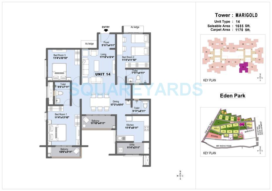Floor plan of 3 BHK 1685 Sq. Ft. Apartment in LnT Eden Park Phase 2, Chennai