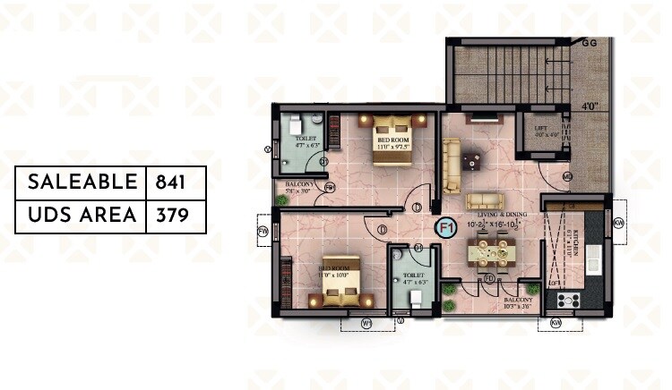 Floor plan of 2 BHK 841 Sq. Ft. Apartment in Maansarovar Amritham, Chennai