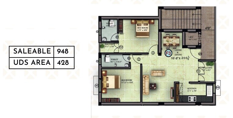 Floor plan of 2 BHK 948 Sq. Ft. Apartment in Maansarovar Amritham, Chennai