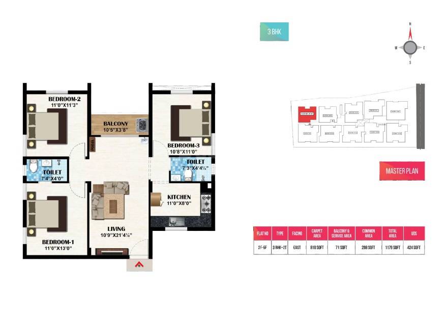 Floor plan of 3 BHK 1179 Sq. Ft. Apartment in Mahalakshmi Rupam, Chennai