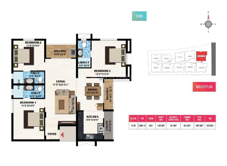 Floor plan of 3 BHK 1697 Sq. Ft. Apartment in Mahalakshmi Rupam, Chennai