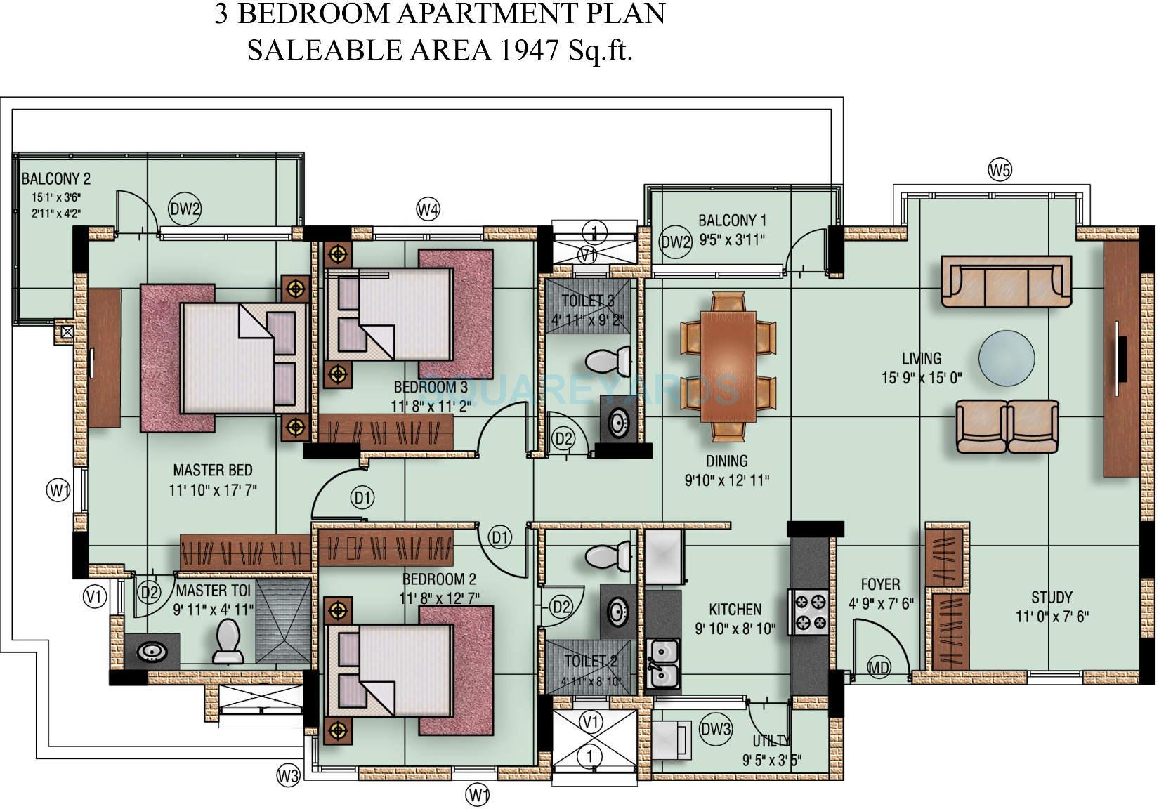 Floor plan of 3 BHK 1947 Sq. Ft. Apartment in Mahindra Lifespaces Aqualily, Chennai