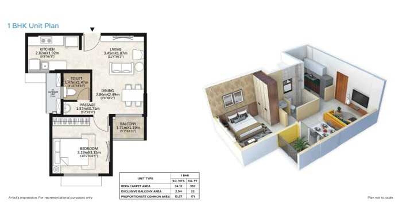 Floor plan of 1 BHK 560 Sq. Ft. Apartment in Mahindra Lifespaces Happinest, Chennai