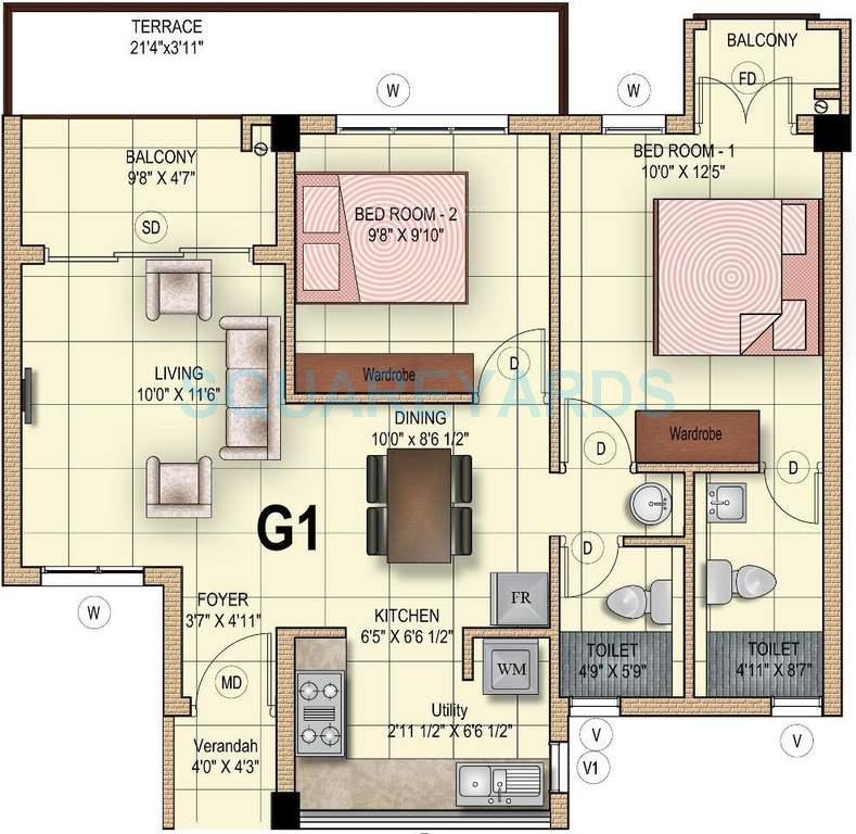 Floor plan of 2 BHK 1053 Sq. Ft. Apartment in Mahindra Lifespaces Iris Court, Chennai