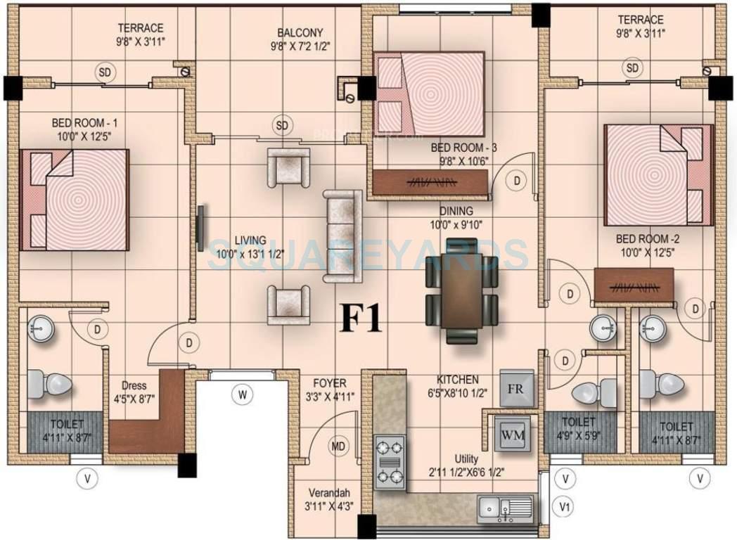Floor plan of 3 BHK 1375 Sq. Ft. Apartment in Mahindra Lifespaces Iris Court, Chennai