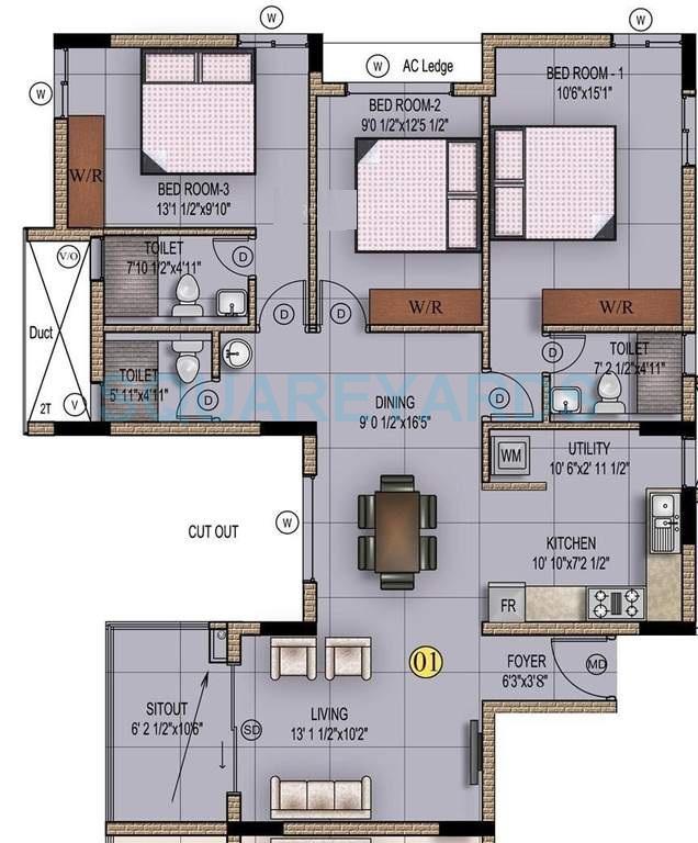 Floor plan of 3 BHK 1454 Sq. Ft. Apartment in Mahindra Lifespaces Iris Court, Chennai