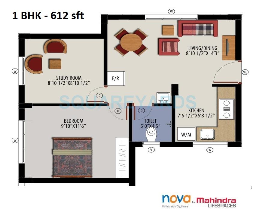 Floor plan of 1 BHK 612 Sq. Ft. Apartment in Mahindra Lifespaces Nova, Chennai