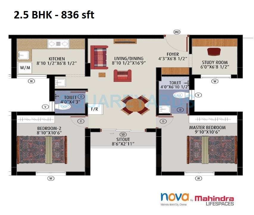 Floor plan of 2 BHK 836 Sq. Ft. Apartment in Mahindra Lifespaces Nova, Chennai