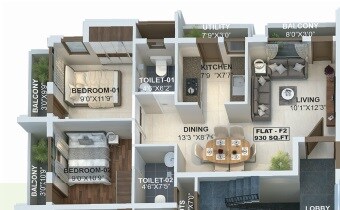Floor plan of 2 BHK 939 Sq. Ft. Apartment in Maliban Grandeur, Chennai