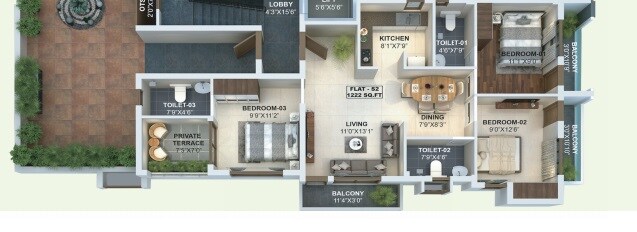 Floor plan of 3 BHK 1133 Sq. Ft. Apartment in Maliban Grandeur, Chennai
