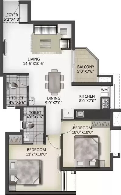 Floor plan of 2 BHK 937 Sq. Ft. Apartment in Malles Adhika, Chennai