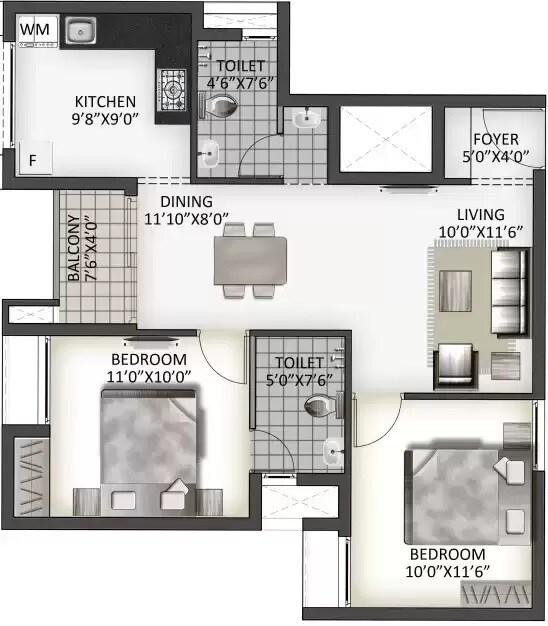 Floor plan of 2 BHK 985 Sq. Ft. Apartment in Malles Adhika, Chennai