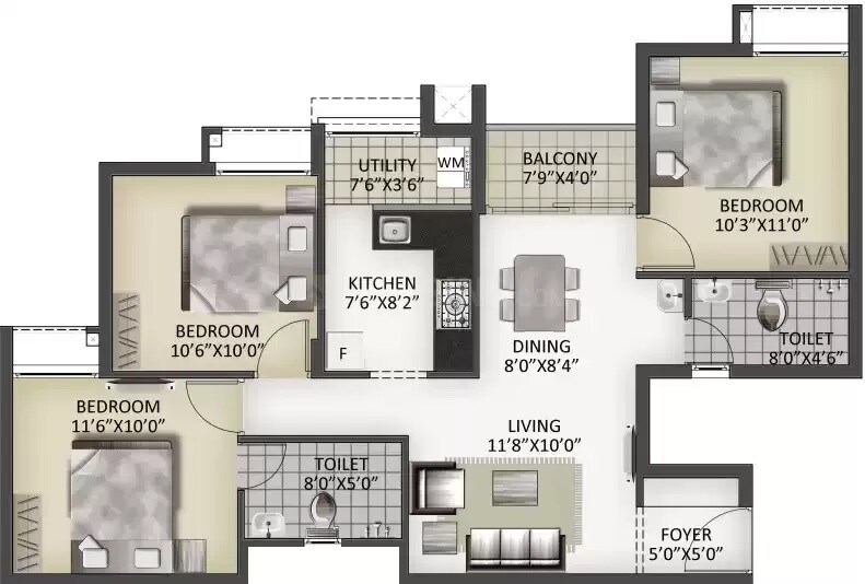 Floor plan of 3 BHK 1140 Sq. Ft. Apartment in Malles Adhika, Chennai