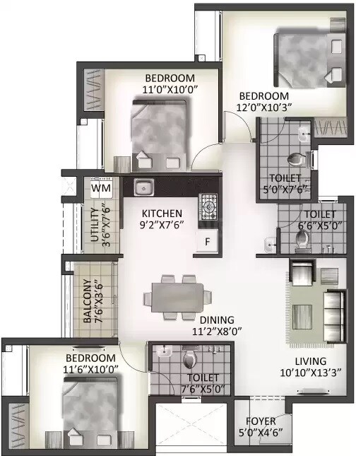 Floor plan of 3 BHK 1342 Sq. Ft. Apartment in Malles Adhika, Chennai