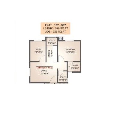 Floor plan of 2 BHK 546 Sq. Ft. Apartment in Malles Ahaana, Chennai