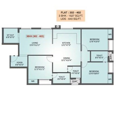 Floor plan of 3 BHK 1527 Sq. Ft. Apartment in Malles Ahaana, Chennai