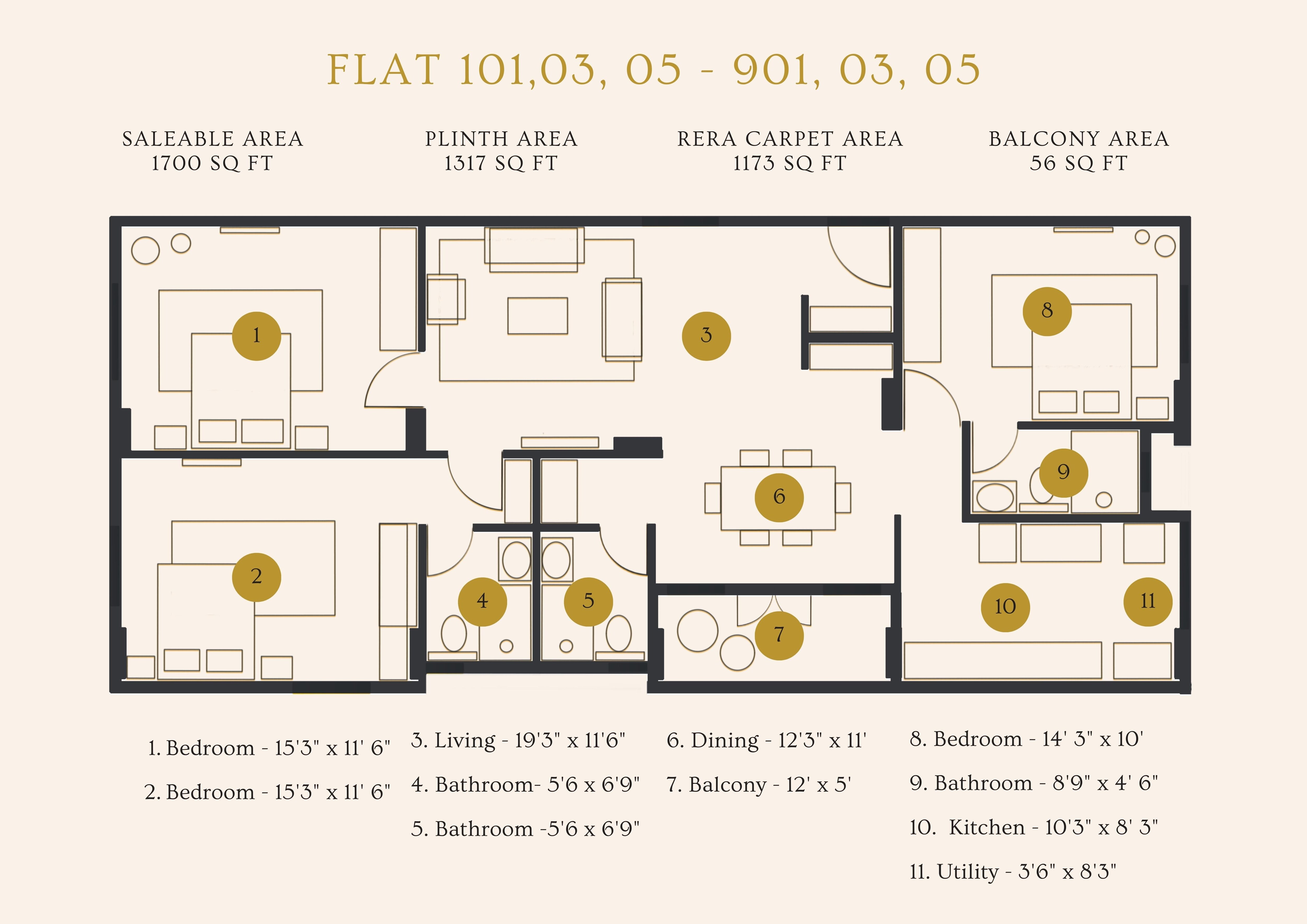 Floor plan of 3 BHK 1700 Sq. Ft. Apartment in Manasa Ramaniyam, Chennai