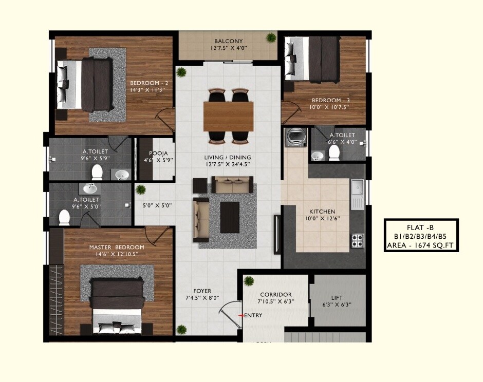 Floor plan of 3 BHK 1674 Sq. Ft. Apartment in Manghalam Srishti, Chennai