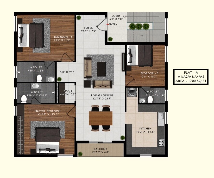 Floor plan of 3 BHK 1700 Sq. Ft. Apartment in Manghalam Srishti, Chennai