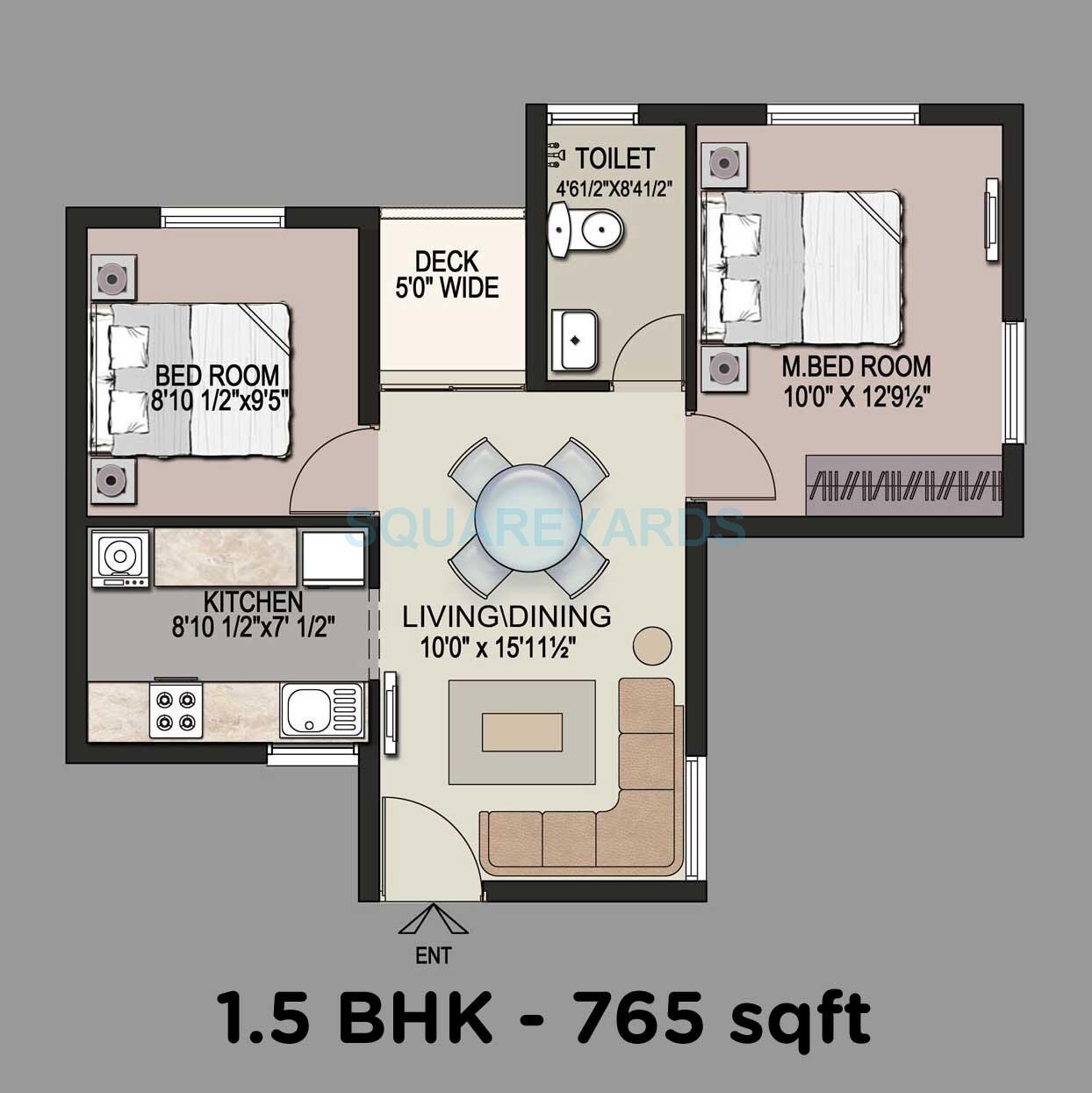 Floor plan of 2 BHK 765 Sq. Ft. Apartment in Mantri Group Navaratna, Chennai