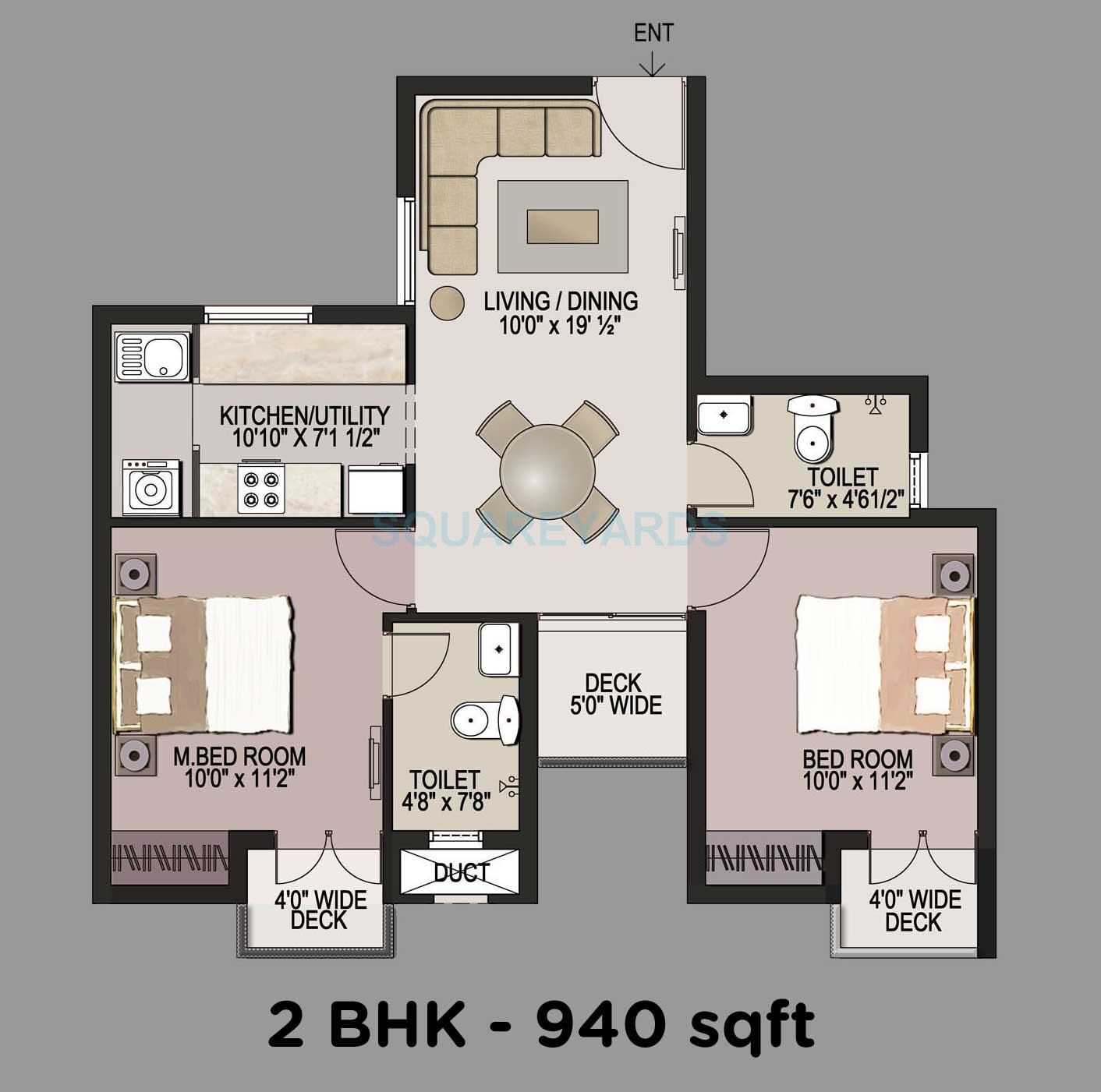 Floor plan of 2 BHK 940 Sq. Ft. Apartment in Mantri Group Navaratna, Chennai