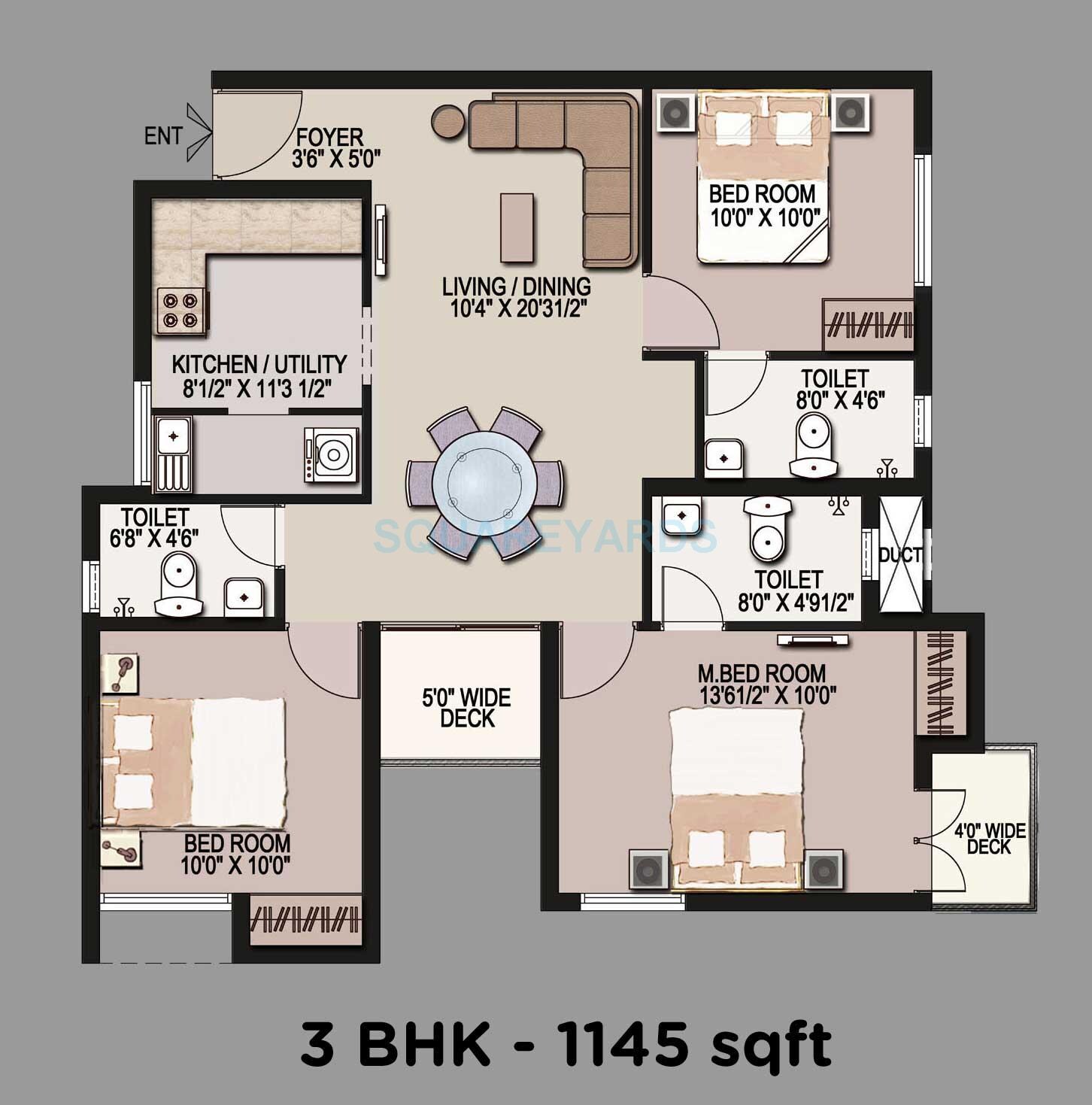 Floor plan of 3 BHK 1145 Sq. Ft. Apartment in Mantri Group Navaratna, Chennai