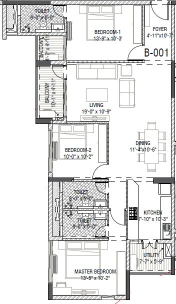 Floor plan of 3 BHK 1670 Sq. Ft. Apartment in Mantri Group Serene, Chennai