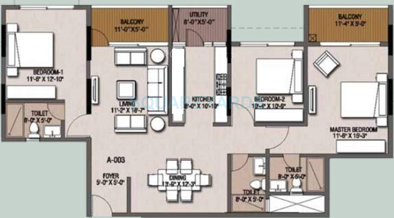 Floor plan of 3 BHK 1790 Sq. Ft. Apartment in Mantri Group Serene, Chennai