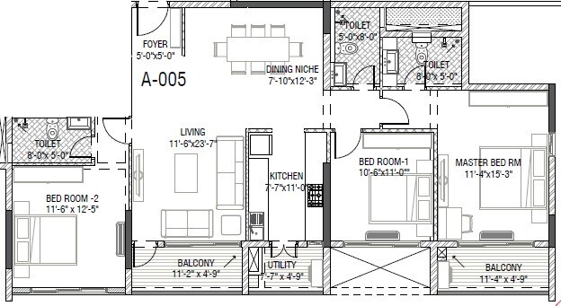 Floor plan of 3 BHK 1820 Sq. Ft. Apartment in Mantri Group Serene, Chennai