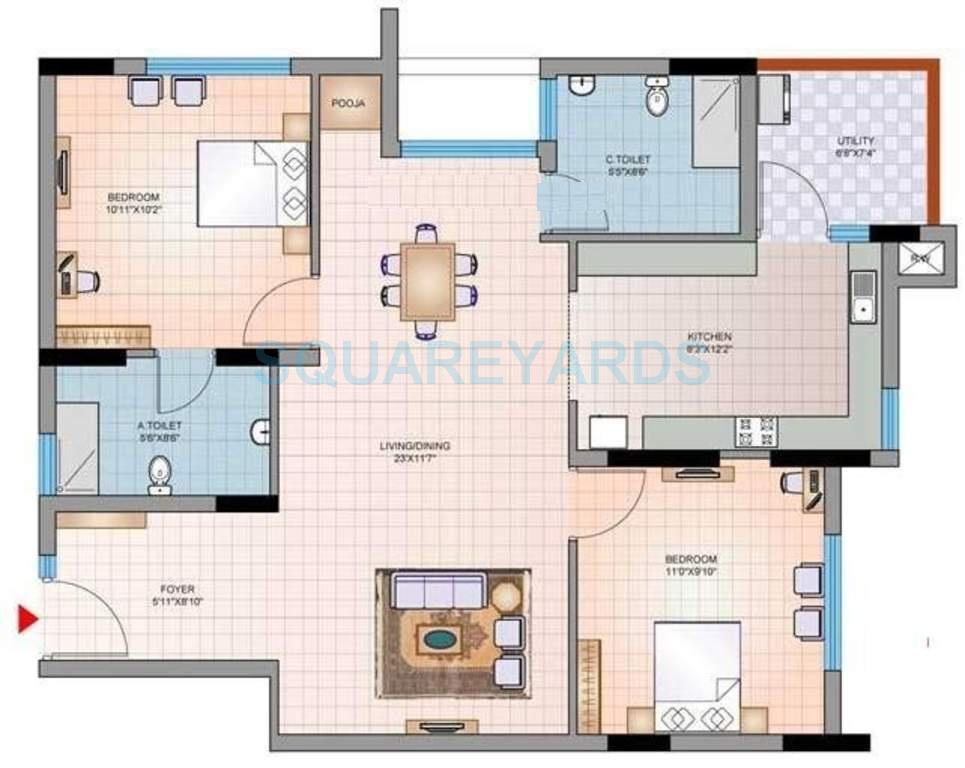 Floor plan of 2 BHK 1120 Sq. Ft. Apartment in Mantri Group Synergy 2, Chennai