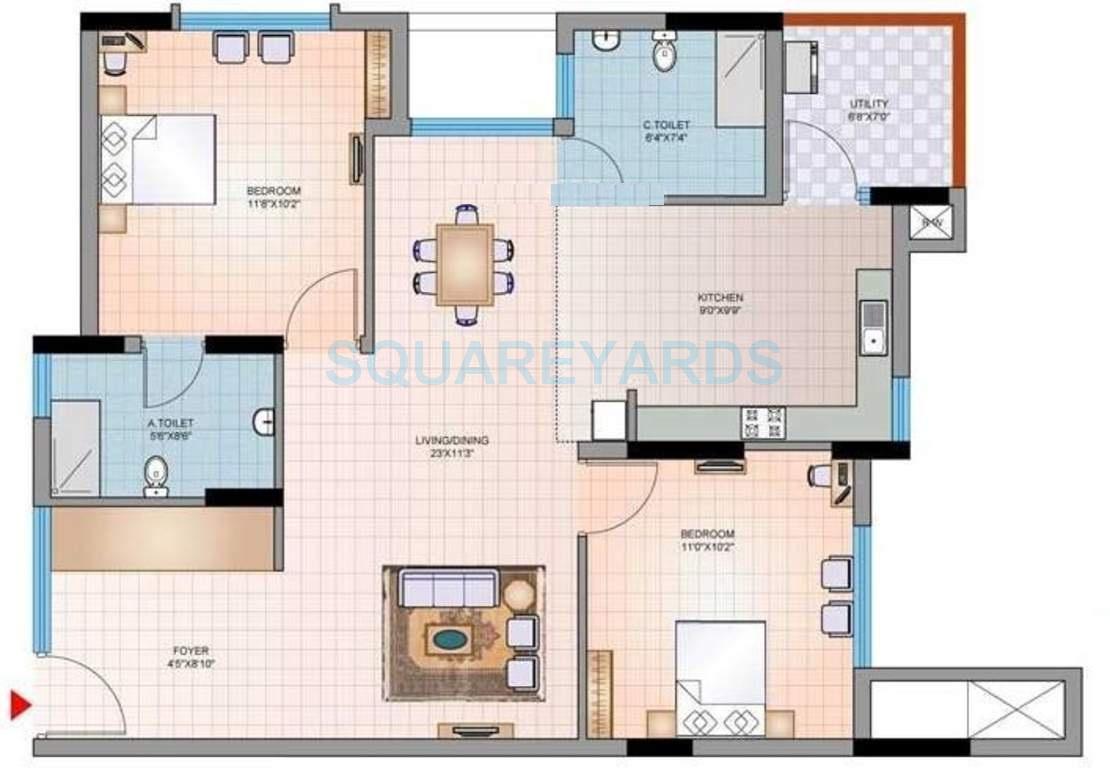 Floor plan of 2 BHK 1105 Sq. Ft. Apartment in Mantri Group Synergy 2, Chennai