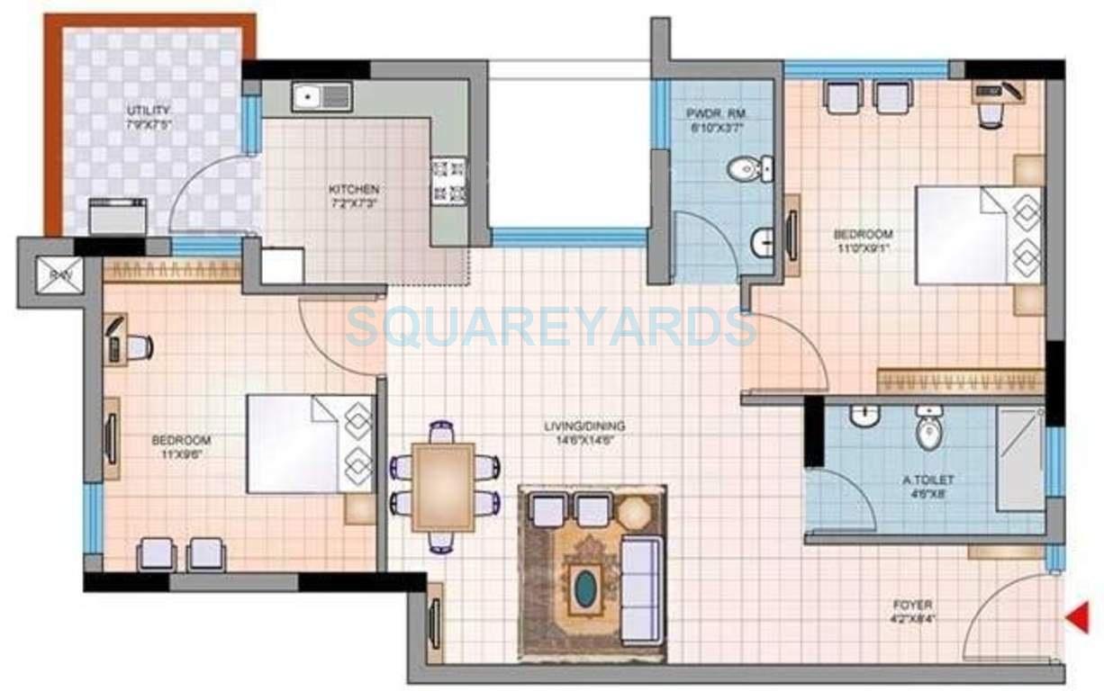 Floor plan of 2 BHK 870 Sq. Ft. Apartment in Mantri Group Synergy 2, Chennai