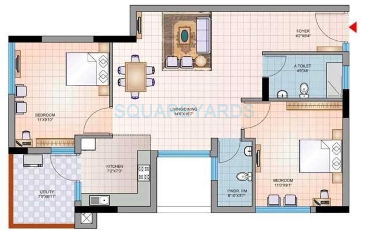 2 BHK 890 Sq. Ft. Apartment