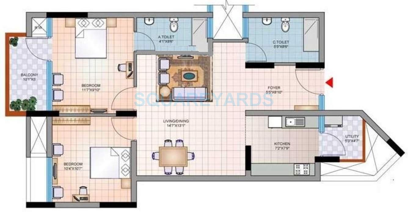 Floor plan of 2 BHK 975 Sq. Ft. Apartment in Mantri Group Synergy 2, Chennai