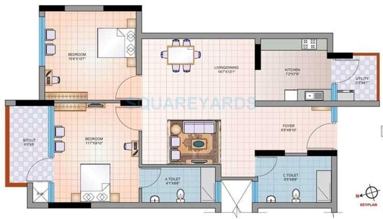 Floor plan of 2 BHK 990 Sq. Ft. Apartment in Mantri Group Synergy 2, Chennai