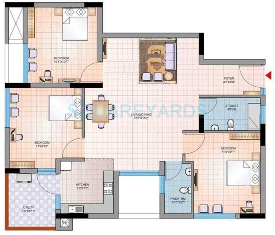 Floor plan of 3 BHK 1600 Sq. Ft. Apartment in Mantri Group Synergy 2, Chennai