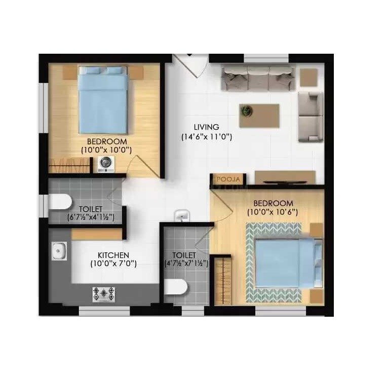 Floor plan of 2 BHK 760 Sq. Ft. Apartment in Maraa Nanda Nivas, Chennai