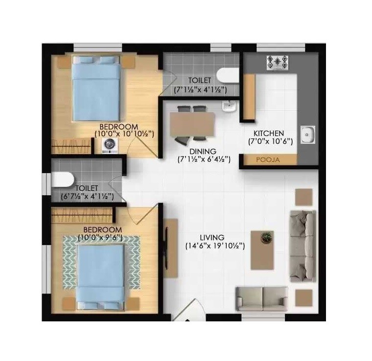 Floor plan of 2 BHK 865 Sq. Ft. Apartment in Maraa Nanda Nivas, Chennai