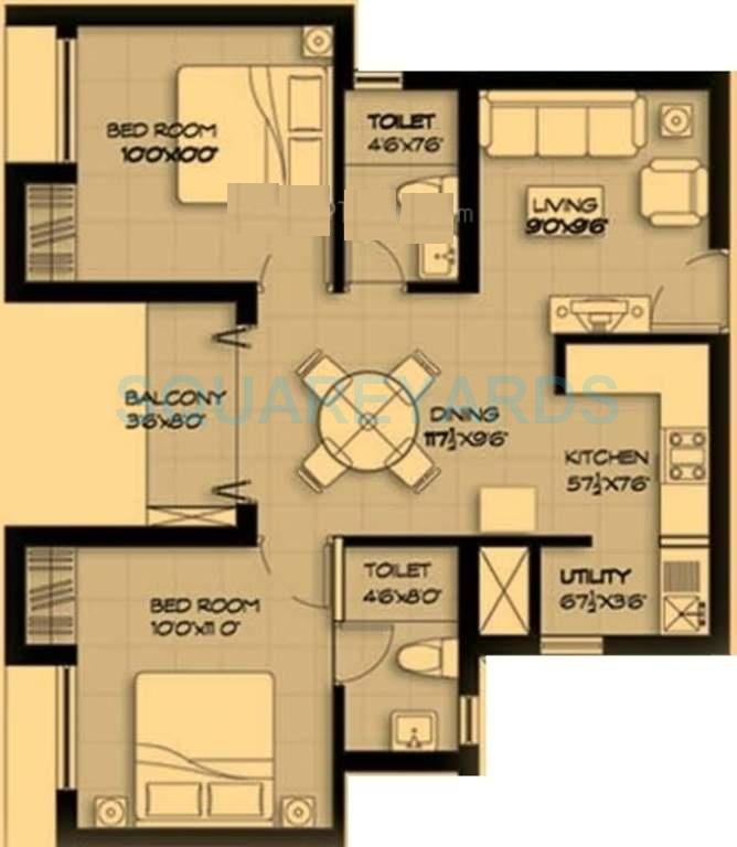 Floor plan of 2 BHK 847 Sq. Ft. Apartment in Marg Pushpadruma, Chennai