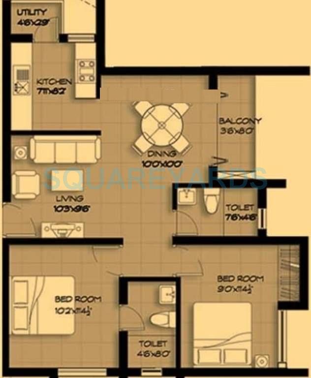 Floor plan of 2 BHK 908 Sq. Ft. Apartment in Marg Pushpadruma, Chennai
