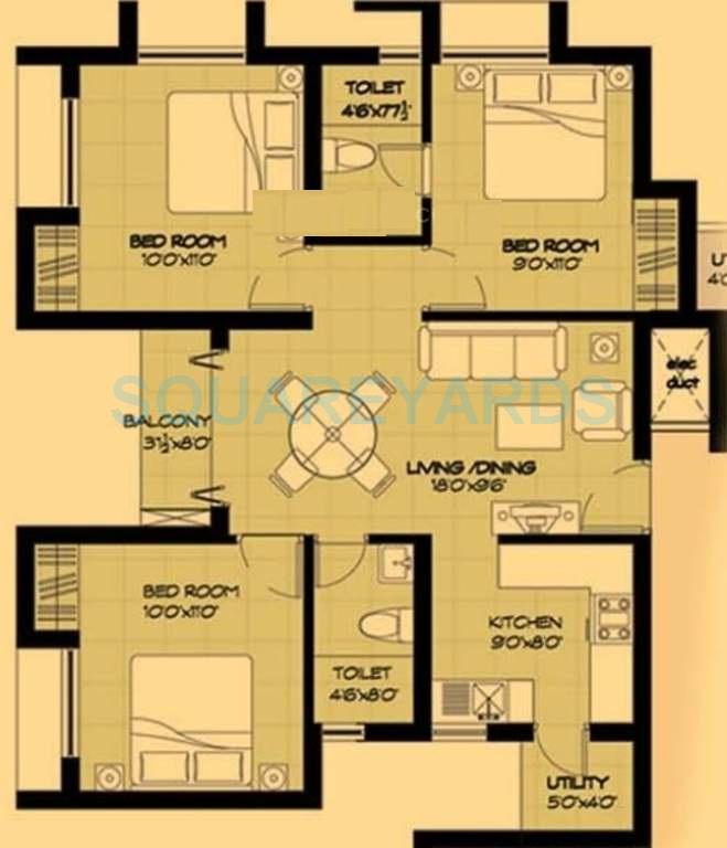 Floor plan of 3 BHK 1040 Sq. Ft. Apartment in Marg Pushpadruma, Chennai