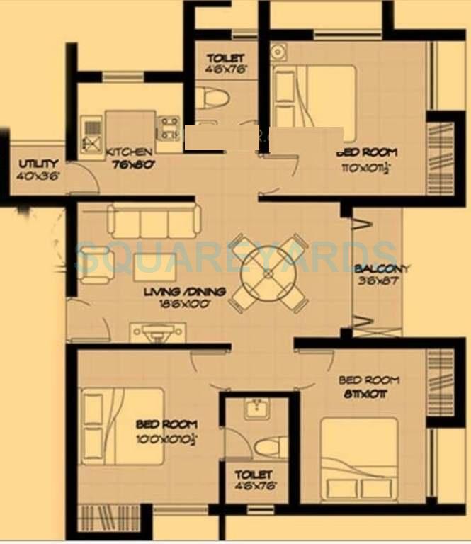 Floor plan of 3 BHK 1077 Sq. Ft. Apartment in Marg Pushpadruma, Chennai