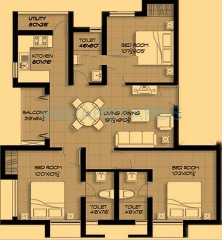 Floor plan of 3 BHK 1140 Sq. Ft. Apartment in Marg Pushpadruma, Chennai