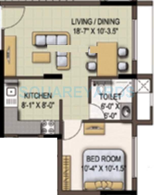 Floor plan of 1 BHK 597 Sq. Ft. Apartment in Marg Savithanjali, Chennai