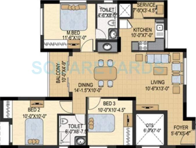 Floor plan of 3 BHK 1274 Sq. Ft. Apartment in Marg Savithanjali, Chennai