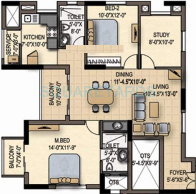 Floor plan of 2 BHK 1356 Sq. Ft. Apartment in Marg Savithanjali, Chennai