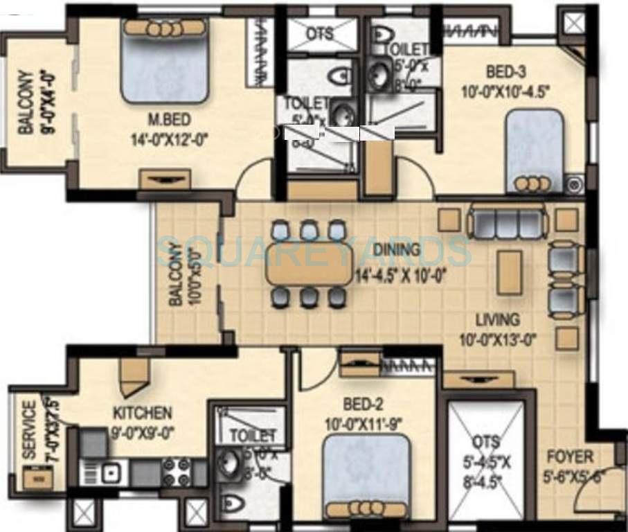Floor plan of 3 BHK 1500 Sq. Ft. Apartment in Marg Savithanjali, Chennai
