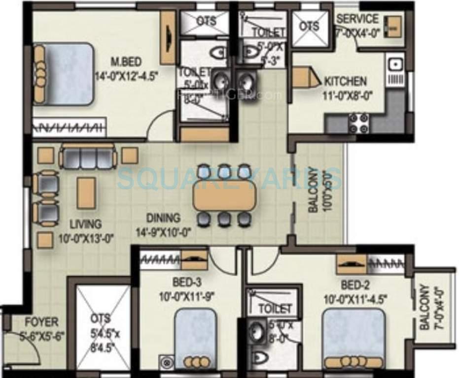 Floor plan of 3 BHK 1522 Sq. Ft. Apartment in Marg Savithanjali, Chennai