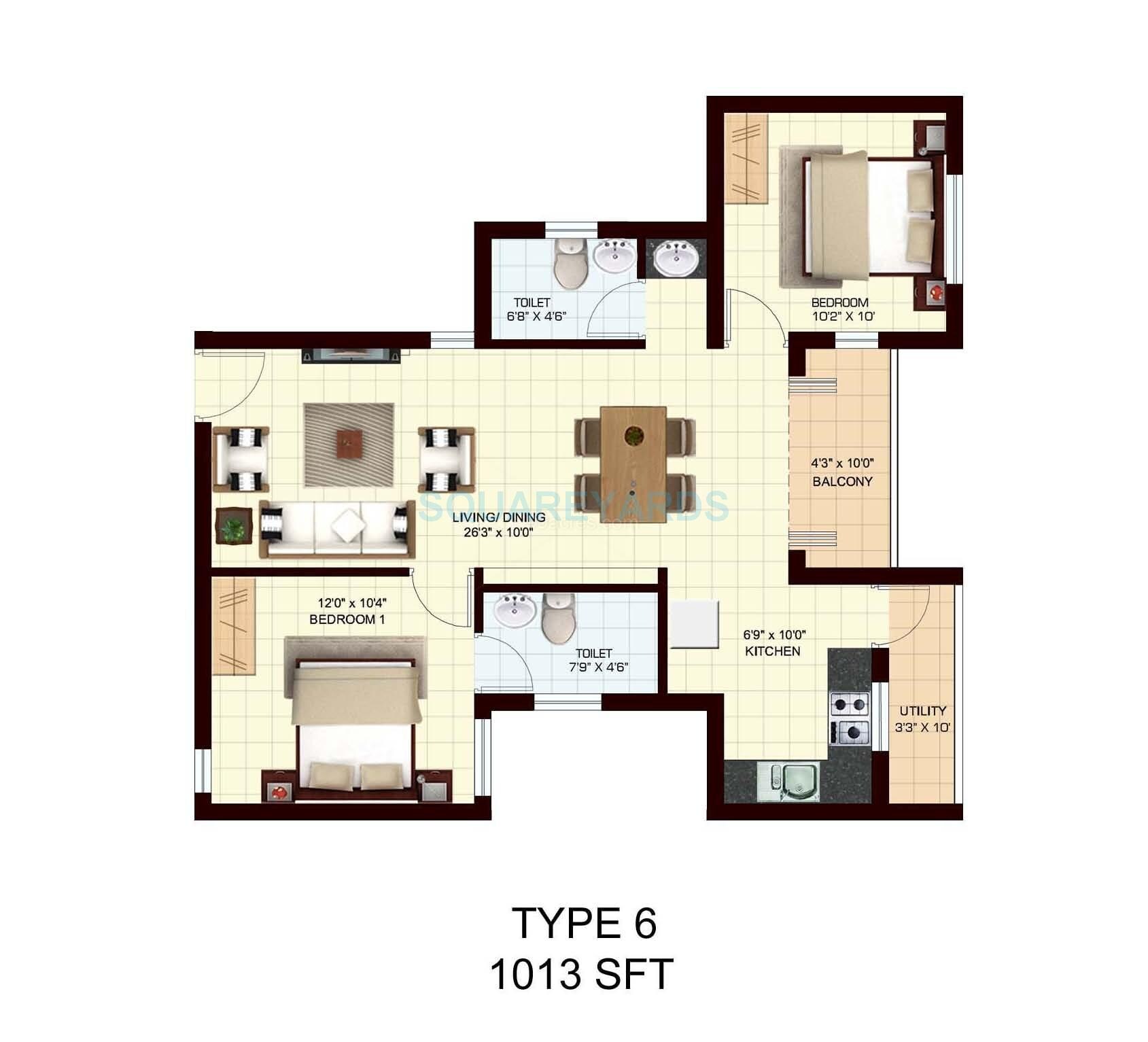 Floor plan of 2 BHK 1013 Sq. Ft. Apartment in Marg Utsav, Chennai