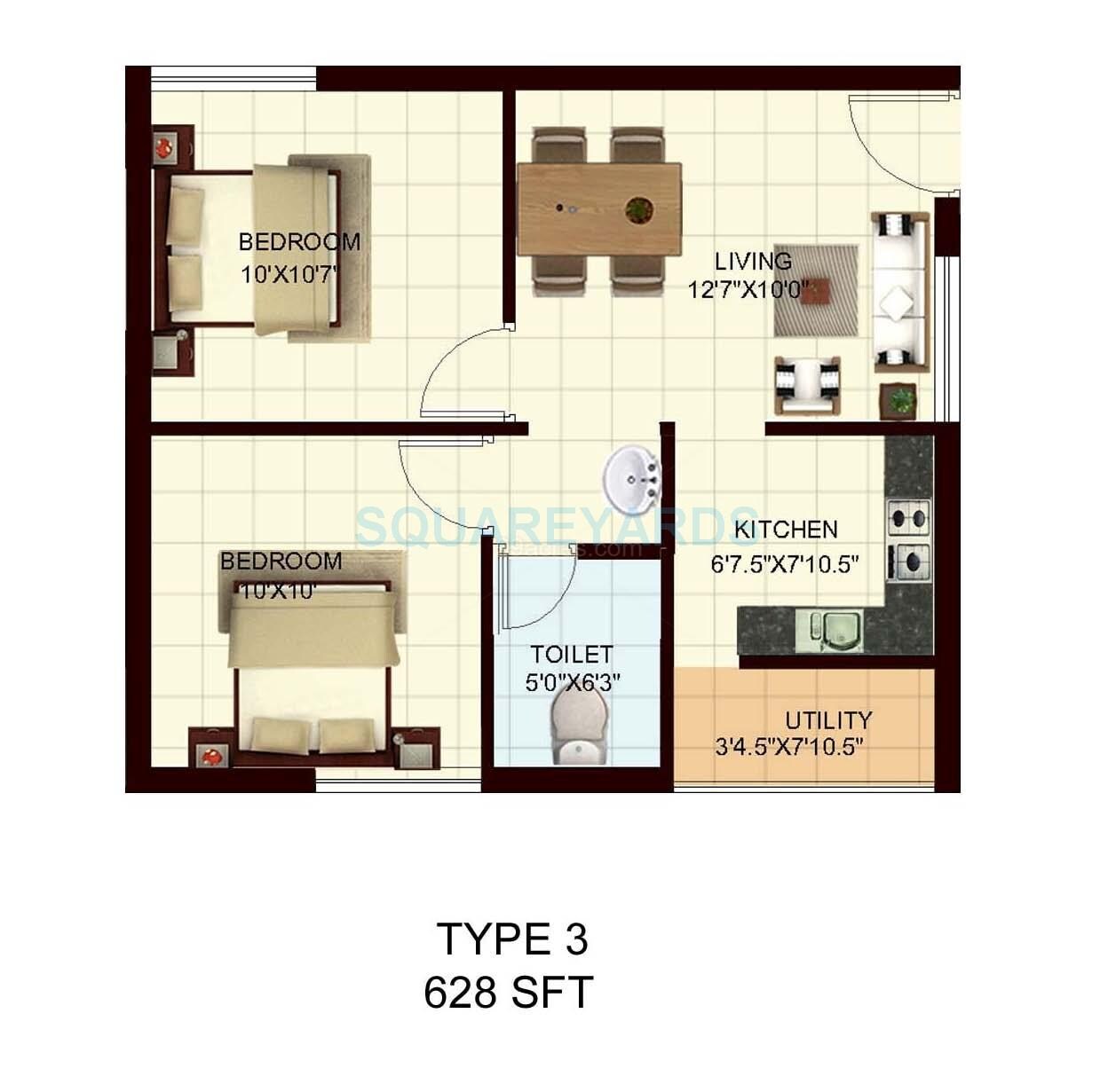 Floor plan of 2 BHK 628 Sq. Ft. Apartment in Marg Utsav, Chennai